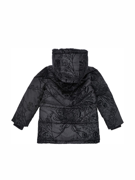 Kids' Casual Jacket Short with Lining & Hood Black Flowers
