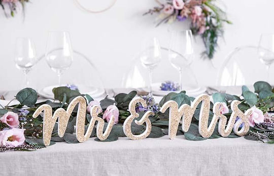 PartyDeco Дървена Декорация за Маса Mr & Mrs с Glitter Gold