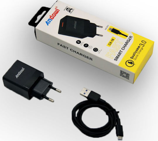 Andowl Φορτιστής με 2 Θύρες USB-A και Καλώδιο micro USB Μαύρος (CX-17)