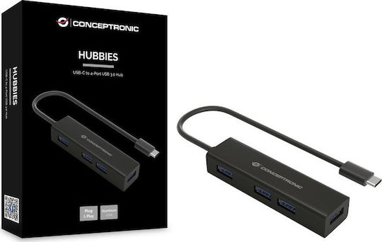 Conceptronic HUBBIES07B USB Hub 4 Ports USB 3.0 with USB-C Connecting to a Computer