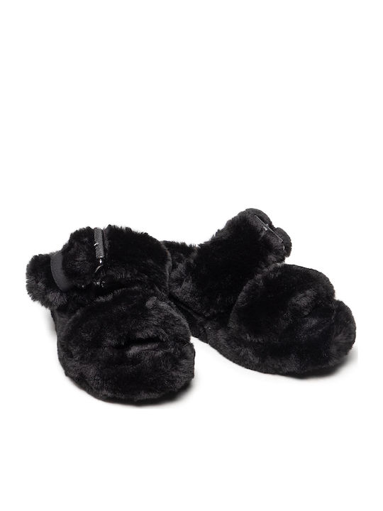 Cozy Wedge Damen Hausschuhe mit Offene Zehenpartie mit Pelz Schwarz