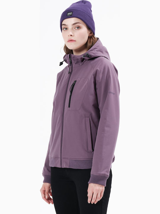 Women's Short Sports Softshell Jacket Waterproof and Windproof for Winter with Hood Purple
