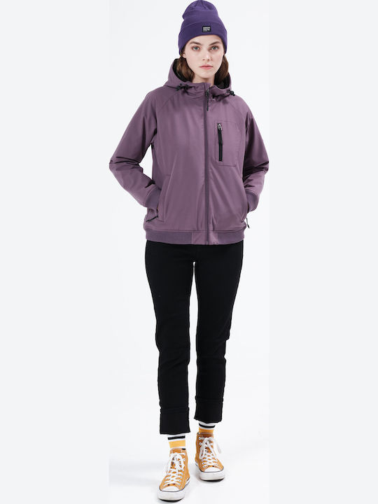 Women's Short Sports Softshell Jacket Waterproof and Windproof for Winter with Hood Purple