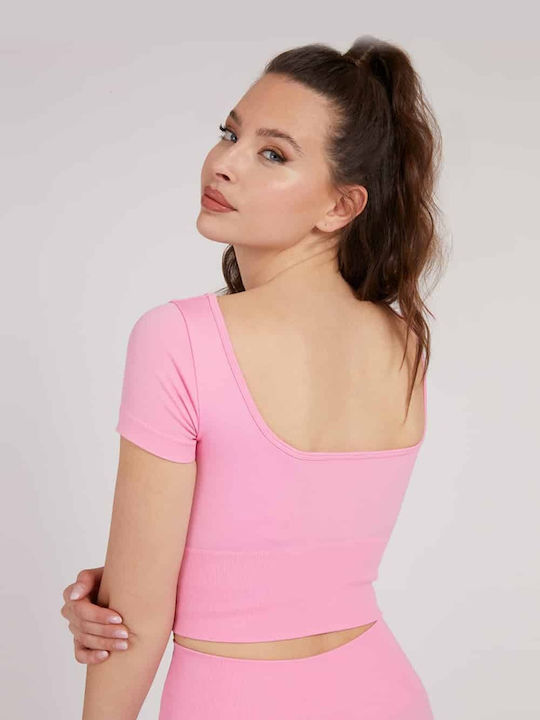 Guess Women's Athletic Crop Top Short Sleeve Pink