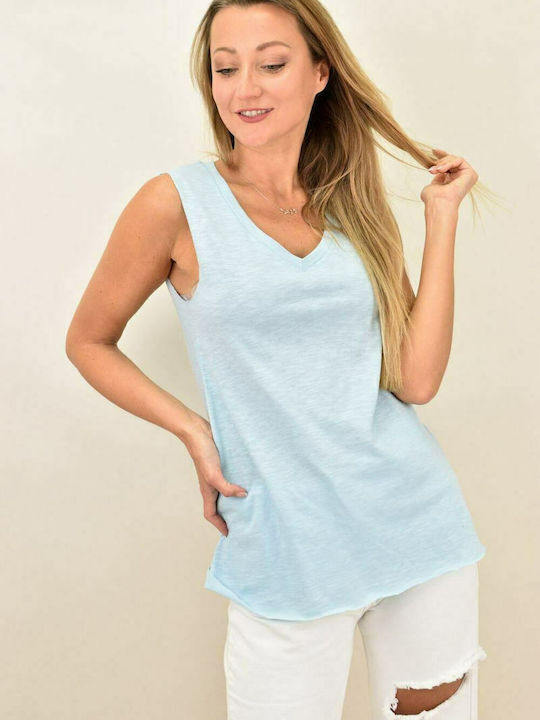 Women's short sleeve asymmetrical blouse with V neckline Blue 10825