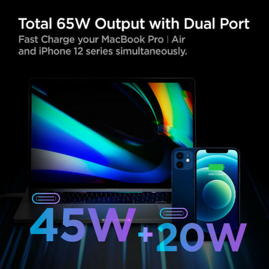 Spigen Зарядно Устройство Без Кабел GaN с 2 USB-C Изходни Порта 60W Power Delivery Бял (PowerArc)