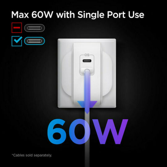 Spigen Зарядно Устройство Без Кабел GaN с 2 USB-C Изходни Порта 60W Power Delivery Бял (PowerArc)
