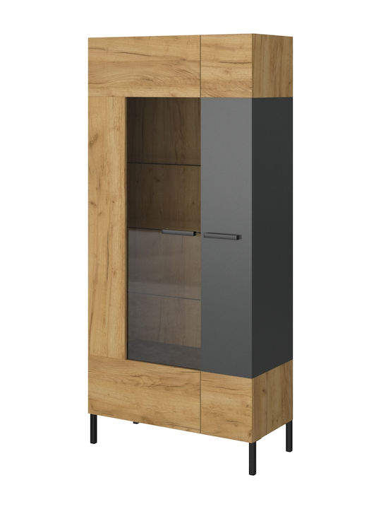 Santes Wohnzimmer Vitrine aus Spanplatte mit Verglasung Gold Eiche / Graphit 90x42x197.5cm