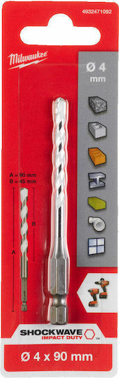 Milwaukee Shockwave Drill Carbide with Hexagonal Shank for Masonry, Metal, Wood, Glass and Tiles 4x90mm