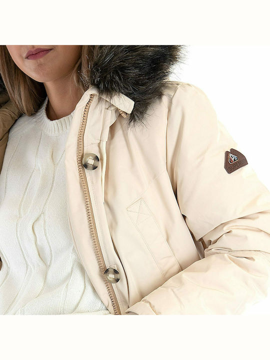 Rookie Down Lang Damen Parka Jacke mit pelziger Kapuze für Winter Beige