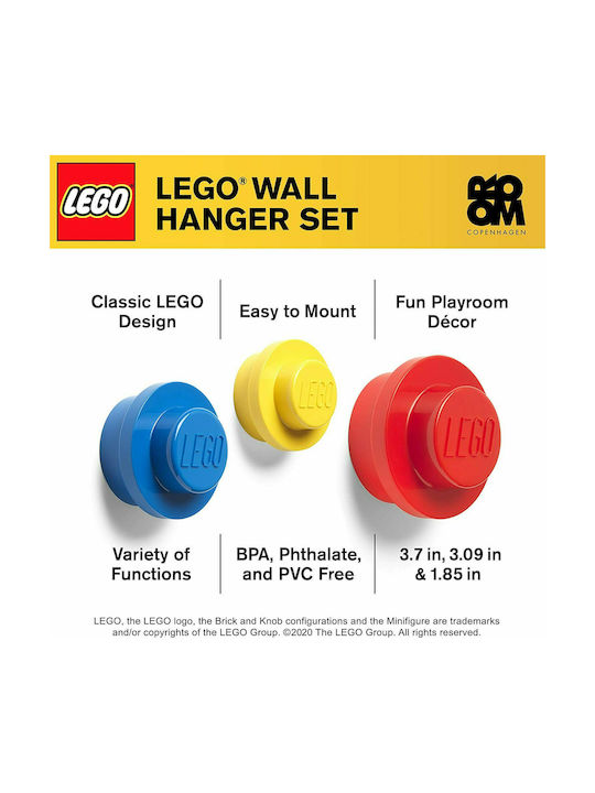 LEGO Plastic Kids Wall Hanger with Hooks Lego Wall Bracket Red/Yellow/Blue 3pcs