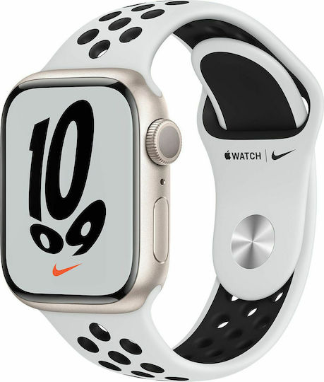 Apple Watch Series 7 Nike Aluminium 45mm Αδιάβροχο με Παλμογράφο (Starlight)
