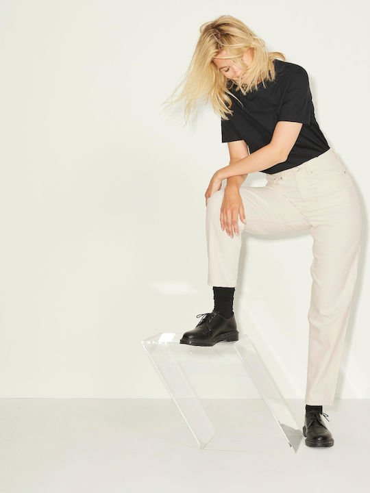 High Waist Women's Jean Trousers in Mom Fit Beige