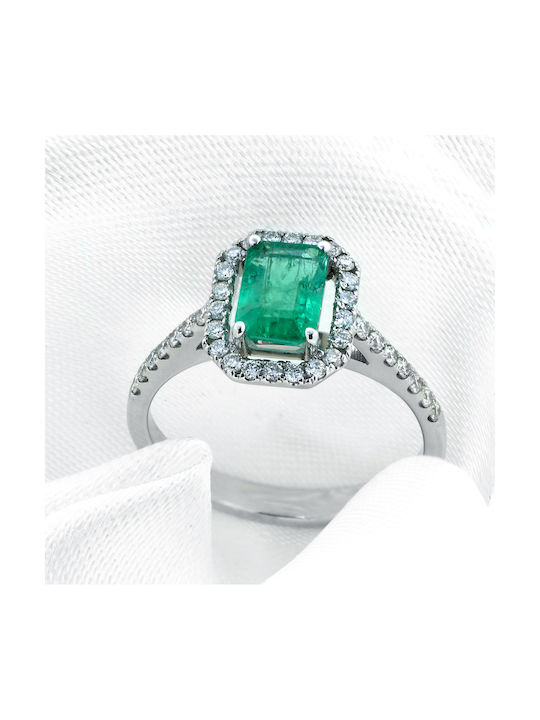 18K White Gold Rosette Ring with Emerald & Diamonds (P-36540) / 18K White Gold Ring (P-36540) / 18K White Gold