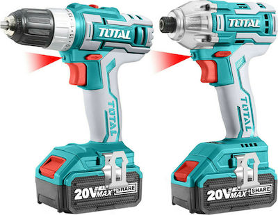 Total Set Impact Screwdriver & Drill Driver 20V with 2 4Ah Batteries and Case with 3 Καρυδάκια & 47 Εξαρτήματα