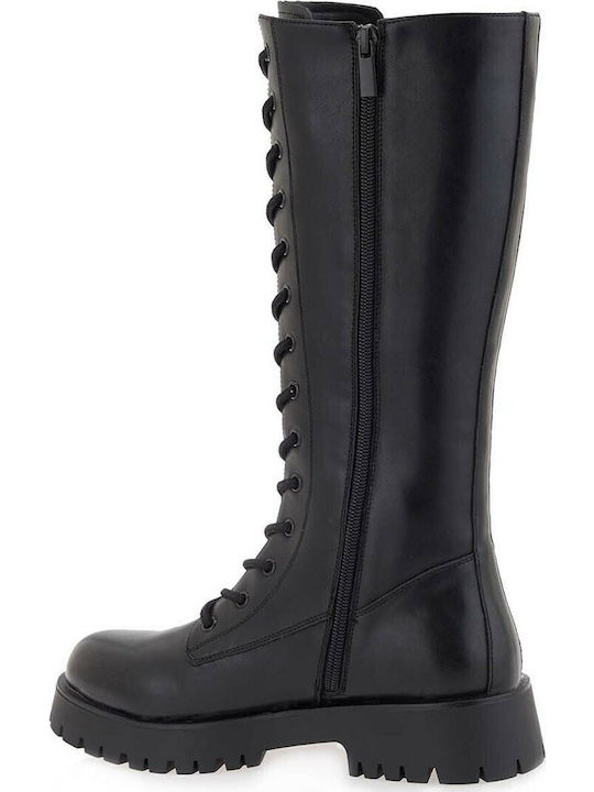 Synthetic Leather Medium Heel Women's Boots with Laces / Zipper Black