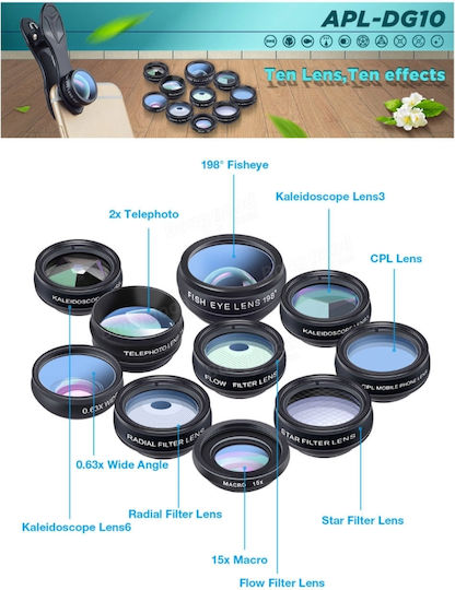 Apexel APL-DG10 Phone Camera Lens Set Fisheye / Telephoto / Wide Angle / Macro / Polarizer 15x 10pcs