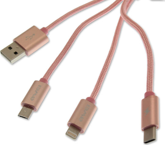 Awei CL-970 Braided USB to Type-C / micro USB / Lightning Cable Ροζ 1.2m