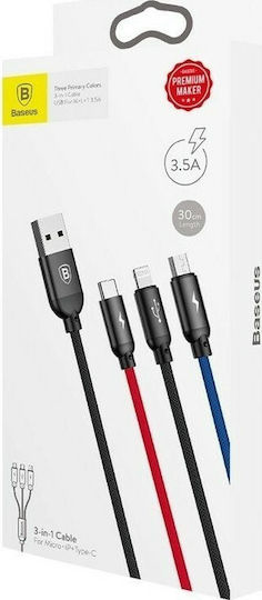 Baseus Three Primary Colors 3-in-1 Braided USB to Lightning / micro USB / Type-C Cable 3.5A Μαύρο 0.3m (CAMLT-ASY01)