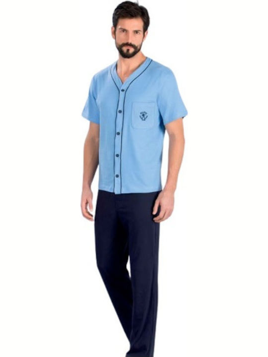 Minerva Status 90-70503 Men's Summer Cotton Pajama Blouse Light Blue