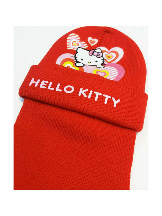 Stamion Hello Kitty 3260 Kids Beanie Set with Scarf Knitted Red