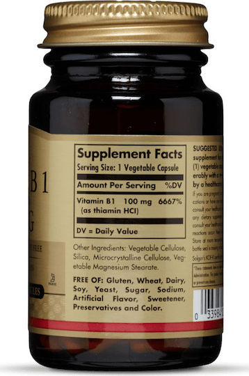 Solgar Vitamin B1 (Thiamin) Vitamin for Nervous System Health 100mg 100 veg. caps