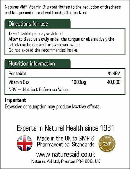 Natures Aid Vitamin B12 Vitamin for Nervous System Health 1000mcg 90 Tablets