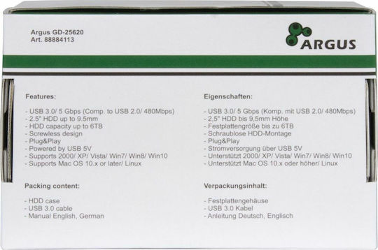Inter-Tech HD-25620 Твърд диск кутия 2.5" SATA III с връзка USB 3.0 в Черен цвят