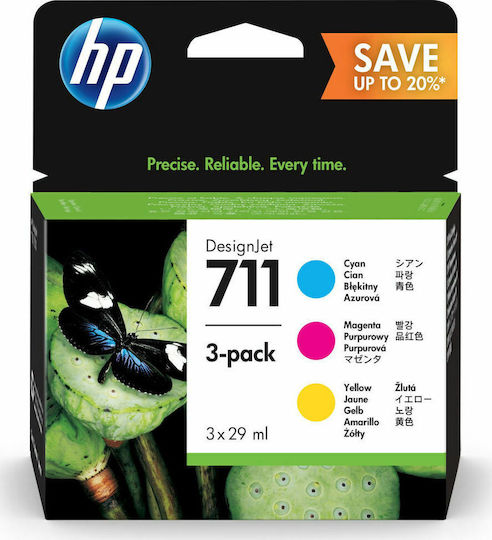 HP 711 Original Pack of 3 InkJet Printer Inks Yellow / Cyan / Magenta (P2V32A)