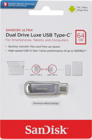 Sandisk Ultra Dual Drive Luxe 64GB USB 3.1 Stick with connection USB-C & USB-A Silver