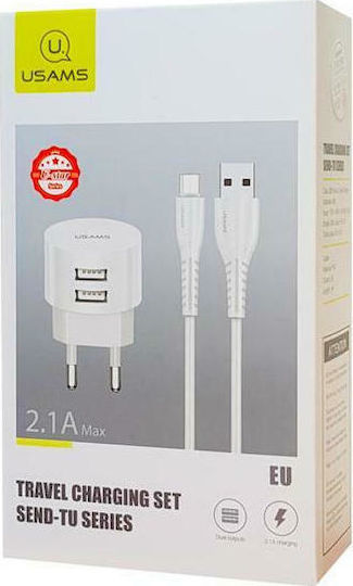 Usams Charger with 2 USB-A Ports and Cable micro USB Whites (T20)