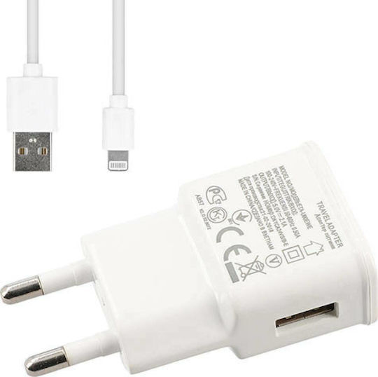 Lamtech Φορτιστής με Θύρα USB-A και Καλώδιο Lightning Λευκός (LAM020182)
