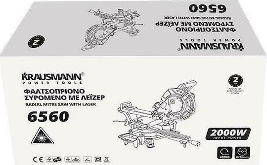 Krausmann Fierăstrău Cu Tăietor De Unghi La Rețea 2000W Glisant Cu Ghid De Tăiere Laser Și Diametru Disc 250mm