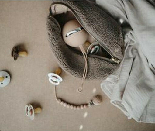 Mushie Pacifier Clip Halo with Wooden Gray Beads