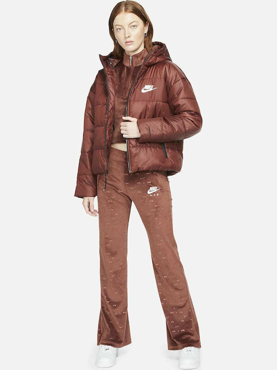 Sportswear Women's Short Puffer Jacket for Winter with Hood Brown