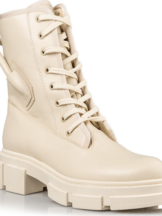 Leather Women's Ankle Boots with Medium Heel Beige