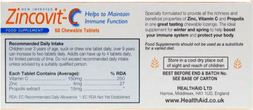 Health Aid Zincovit-C Supplement for Immune System Support 60 Tablets