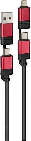 Lampa Regular Cablu USB la Lightning / Type-C / micro USB cu mai multe porturi Roșu 1m (38846)