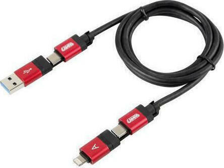 Lampa Regular Cablu USB la Lightning / Type-C / micro USB cu mai multe porturi Roșu 1m (38846)