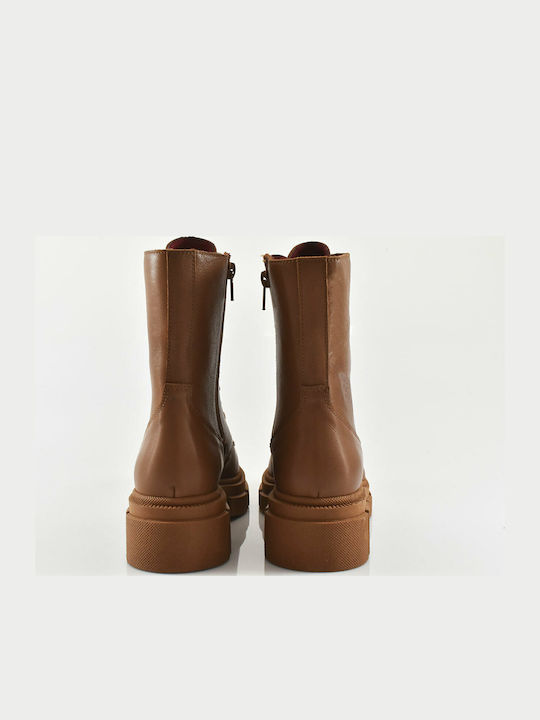 Leather Women's Ankle Boots with Medium Heel Brown