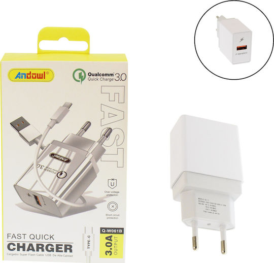 Andowl Charger with USB-A Port and Cable USB-C Quick Charge 3.0 Whites (Q-W061B)