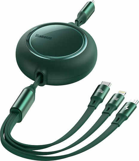 Baseus Bright Mirror Flat / Retractable USB to Type-C / Lightning / micro USB Cable 3.5A Πράσινο 1.2m (CAMJ010206)