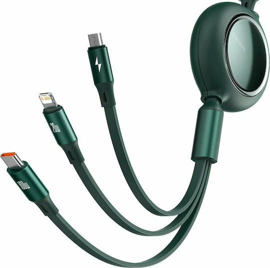 Baseus Bright Mirror Flat / Retractable USB to Type-C / Lightning / micro USB Cable 3.5A Πράσινο 1.2m (CAMJ010206)