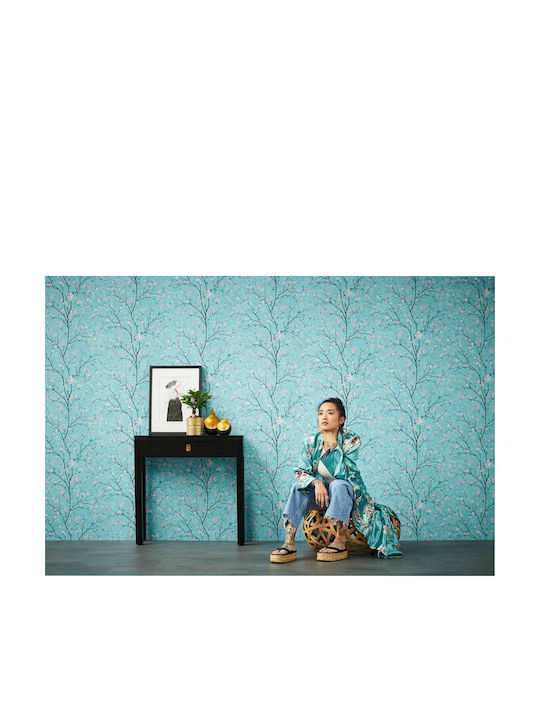 Wall Wallpaper Floral Vinyl Turquoise 1005x53cm Washable