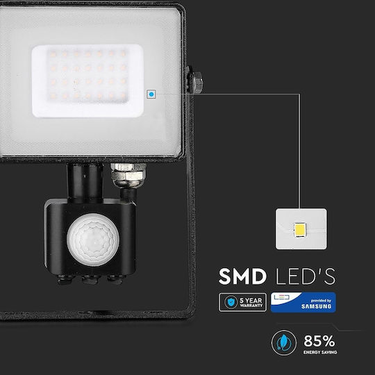 V-TAC Vt-30-s Στεγανός Προβολέας LED 30W Φυσικό Λευκό 4000K με Αισθητήρα Κίνησης IP65