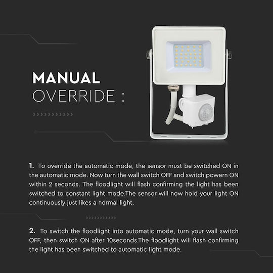 V-TAC Vt-30-s Waterproof LED Flood Light 30W Natural White 4000K with Motion Sensor IP65