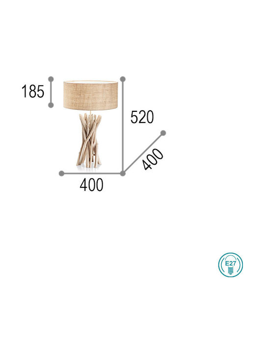 Ideal Lux Driftwood Wood Vintage Table Lamp for Socket E27 with Beige Shade and Base