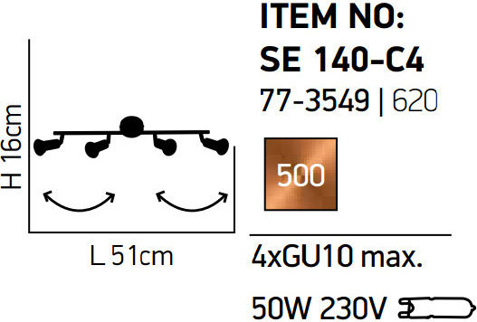 Home Lighting Spot mit 4 Lichtern und mit Fassung GU10 in Kupfer Farbe