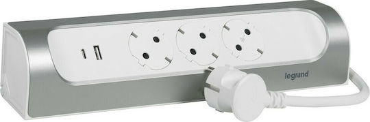 Legrand Corner Πολύπριζο 3 Θέσεων με 1 USB-A, 1 USB-C και Καλώδιο 1m Ασημί
