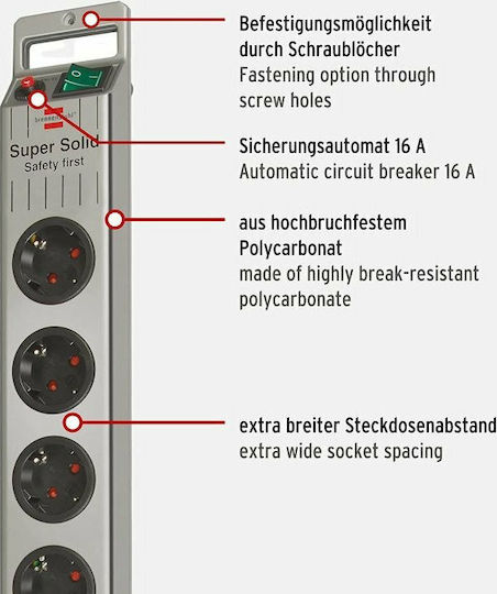Brennenstuhl Super-Solid Line Power Strip 5 Sockets with Switch and Cable 2.5m Silver